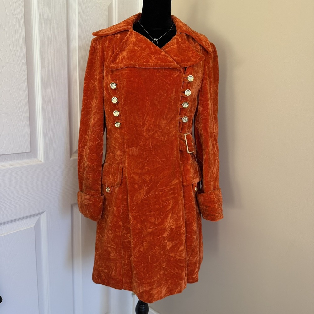 Vtg 1960s CRUSHED VELVET Orange Double Breasted Lined Coat MOD ENGLAND Authentic